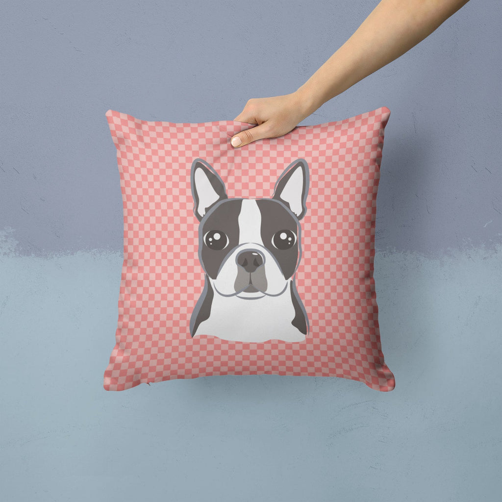 Checkerboard Pink Boston Terrier Decorative Throw Pillow 14x14 Indoor Outdoor Accent Cushion, Fabric Cover with Insert for Sofa, Bed, Porch & Living Room