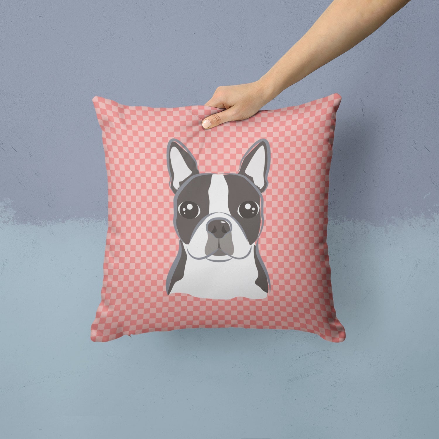 Checkerboard Pink Boston Terrier Decorative Throw Pillow 14x14 Indoor Outdoor Accent Cushion, Fabric Cover with Insert for Sofa, Bed, Porch & Living Room