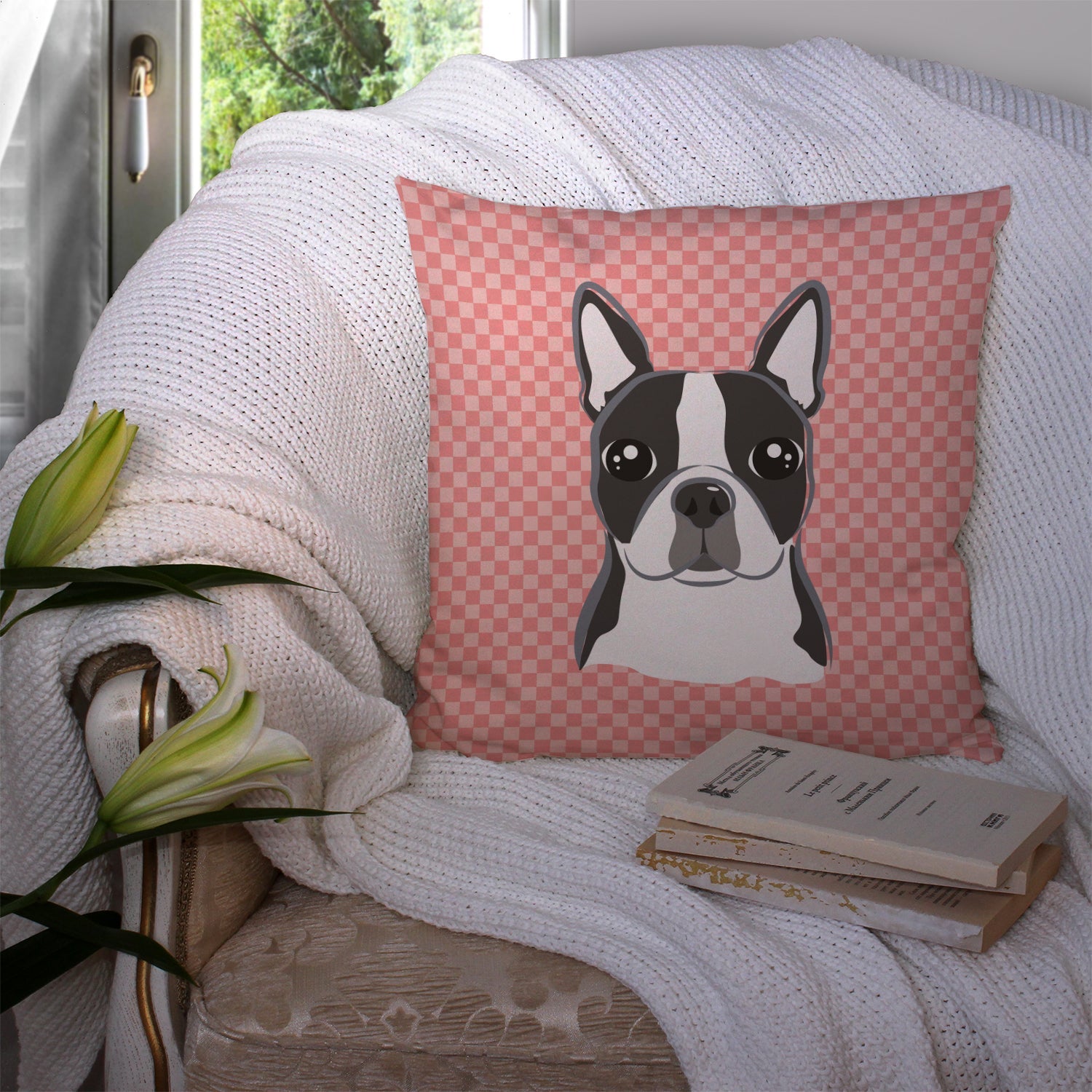 Checkerboard Pink Boston Terrier Decorative Throw Pillow 14x14 Indoor Outdoor Accent Cushion, Fabric Cover with Insert for Sofa, Bed, Porch & Living Room