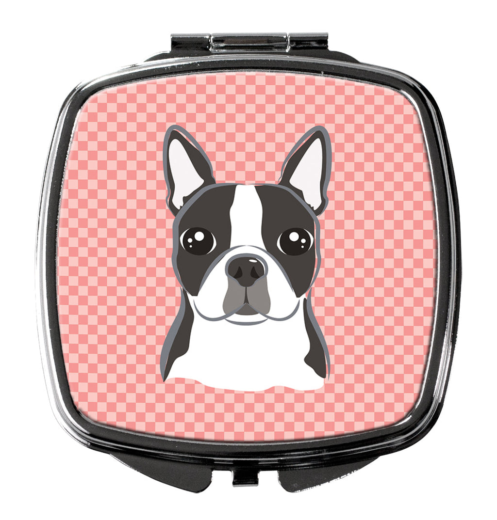 Checkerboard Pink Boston Terrier Compact Mirror Decorative Travel Makeup Mirror for Women Girls Gifts Pocket Makeup Mirror Folding Handheld