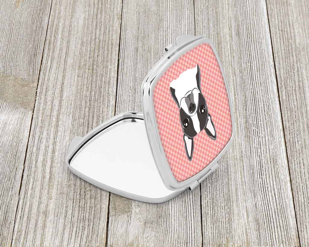 Checkerboard Pink Boston Terrier Compact Mirror Decorative Travel Makeup Mirror for Women Girls Gifts Pocket Makeup Mirror Folding Handheld