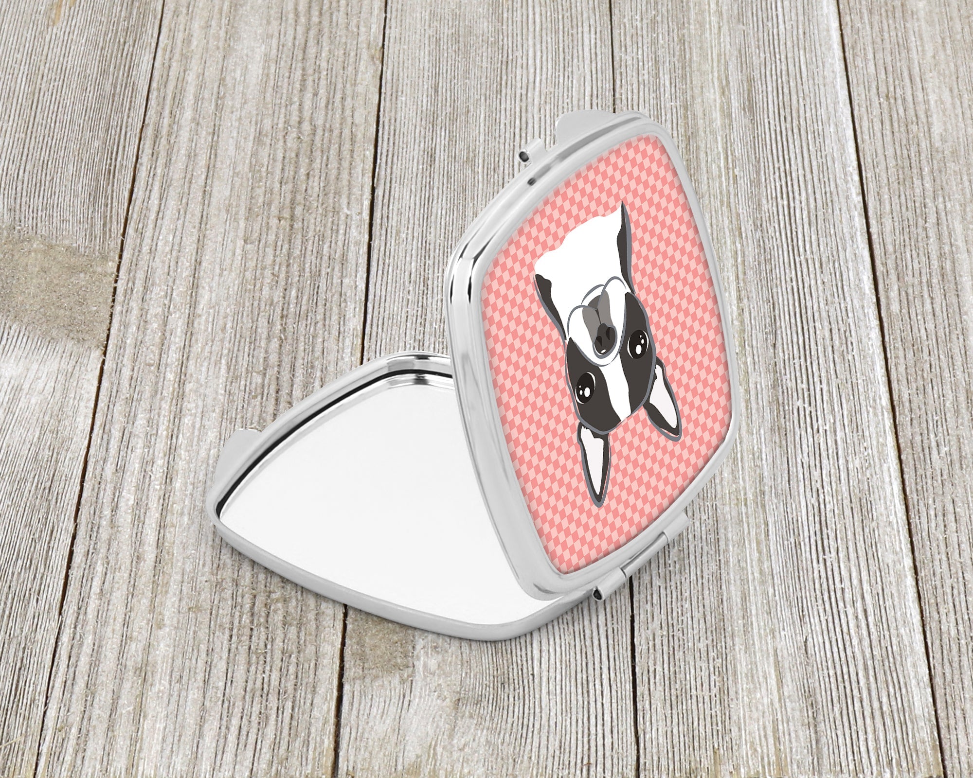 Checkerboard Pink Boston Terrier Compact Mirror Decorative Travel Makeup Mirror for Women Girls Gifts Pocket Makeup Mirror Folding Handheld