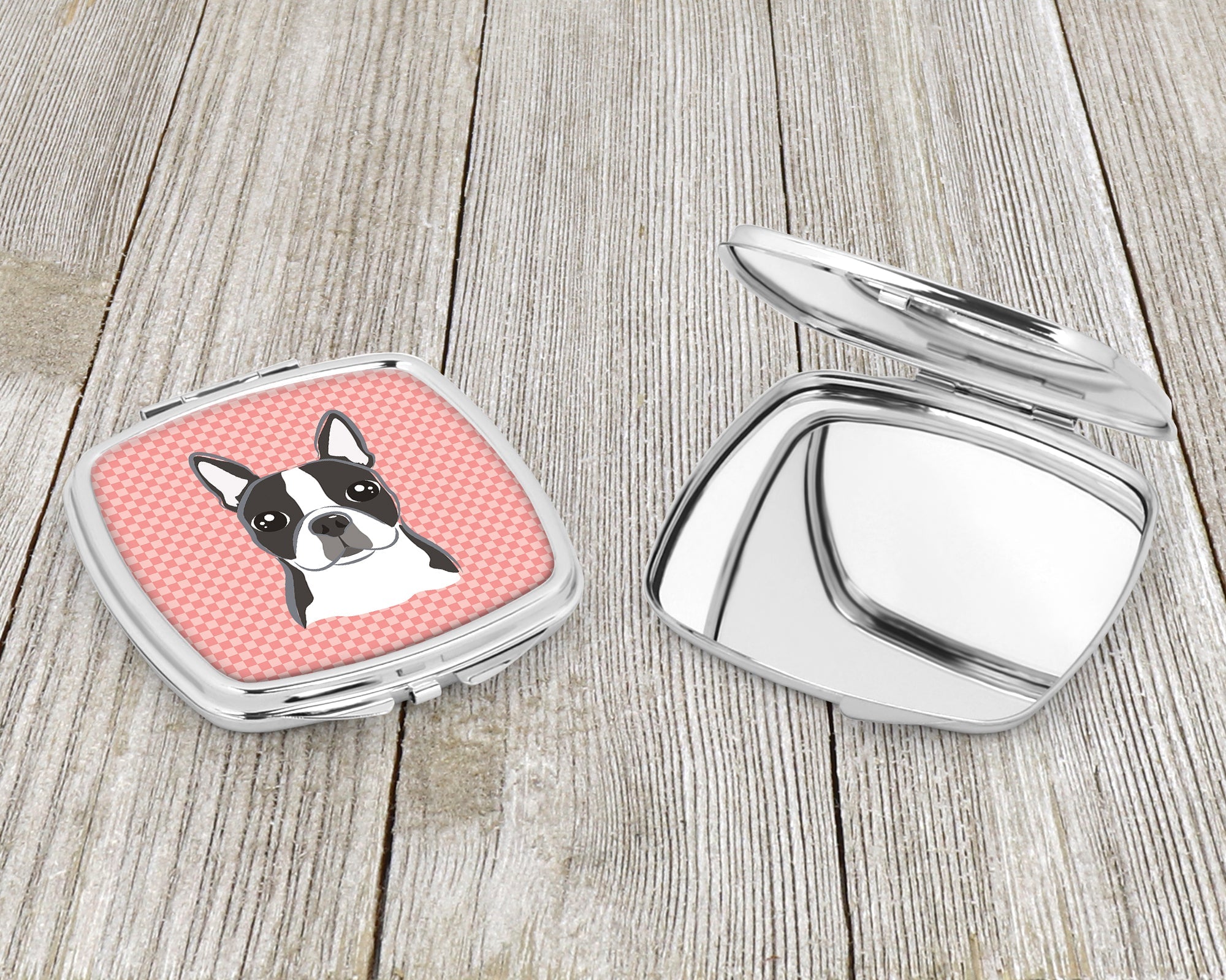Checkerboard Pink Boston Terrier Compact Mirror Decorative Travel Makeup Mirror for Women Girls Gifts Pocket Makeup Mirror Folding Handheld