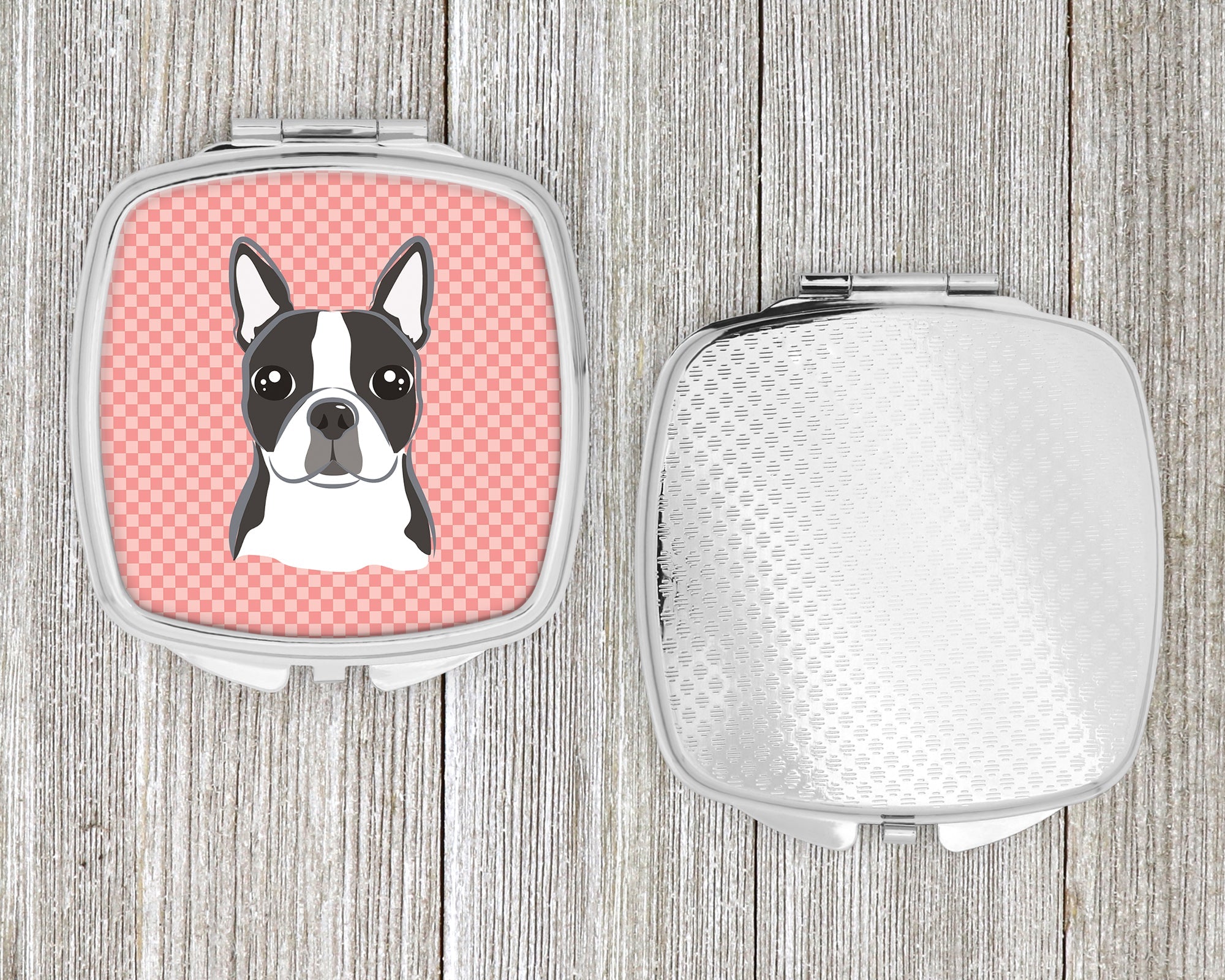 Checkerboard Pink Boston Terrier Compact Mirror Decorative Travel Makeup Mirror for Women Girls Gifts Pocket Makeup Mirror Folding Handheld
