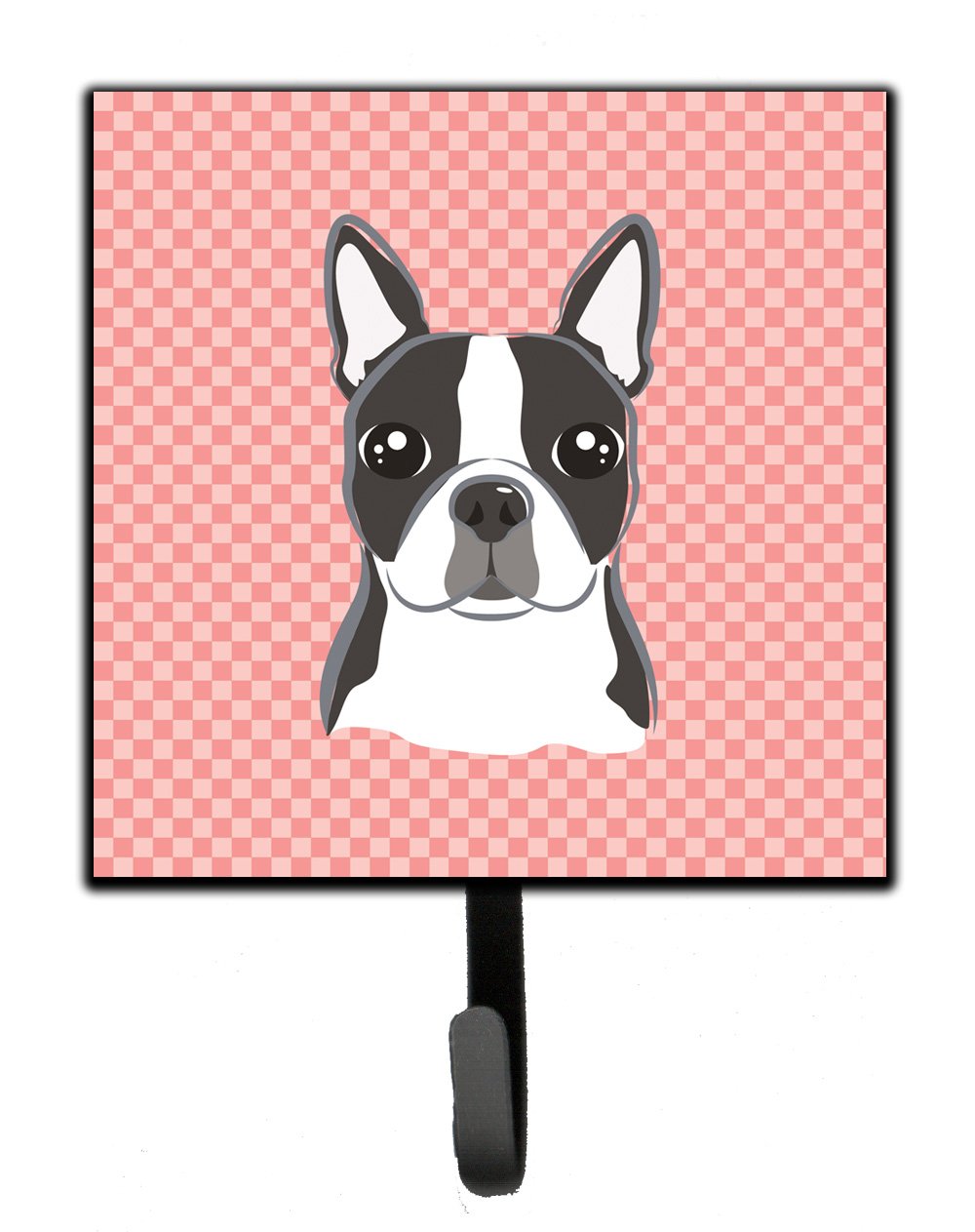 Checkerboard Pink Boston Terrier Leash or Key Holder Wall Hooks, Key Hooks Holder, Coat Rack Wall Mount, Coat Hooks, Hooks for Hanging Keys, Towels, Aprons, Leashes