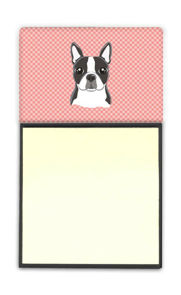 Checkerboard Pink Boston Terrier Watercolor Sticky Note Holder Refillable Dispenser Desk Accessory 3x3 Pad Gift