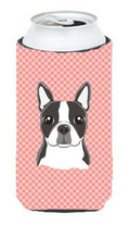Checkerboard Pink Boston Terrier Tall Boy Hugger Can Cooler Sleeve Machine Washable Drink Collapsible Insulator Beverage Insulated Holder