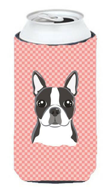 Checkerboard Pink Boston Terrier Tall Boy Hugger Can Cooler Sleeve Machine Washable Drink Collapsible Insulator Beverage Insulated Holder