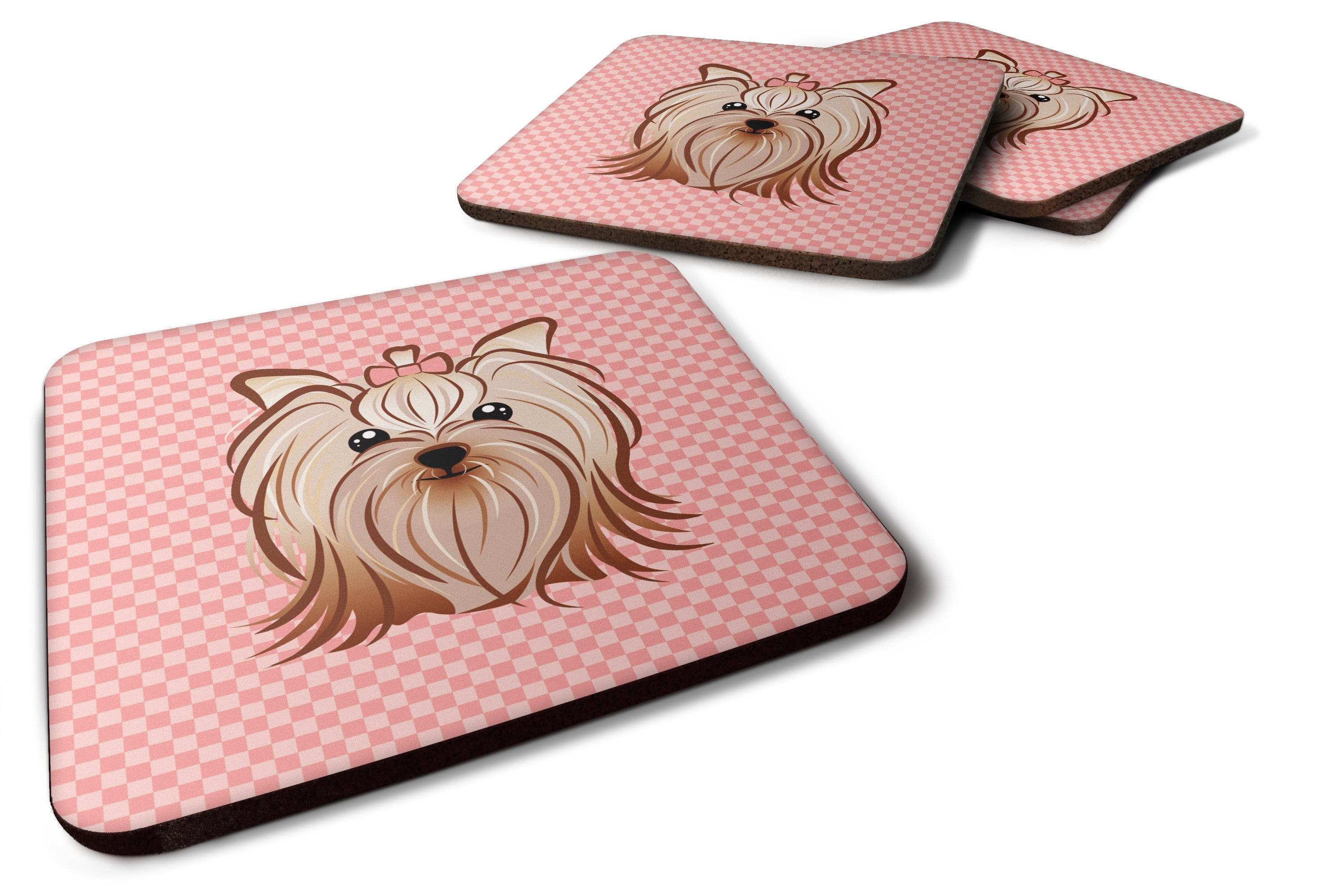 Checkerboard Pink Yorkie Yorkishire Terrier Foam Coasters Set of 4 Cup Coasters for Indoor Outdoor, Tabletop Protection, Anti Slip, Mouse pad Material