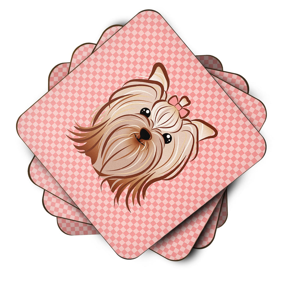 Checkerboard Pink Yorkie Yorkishire Terrier Foam Coasters Set of 4 Cup Coasters for Indoor Outdoor, Tabletop Protection, Anti Slip, Mouse pad Material