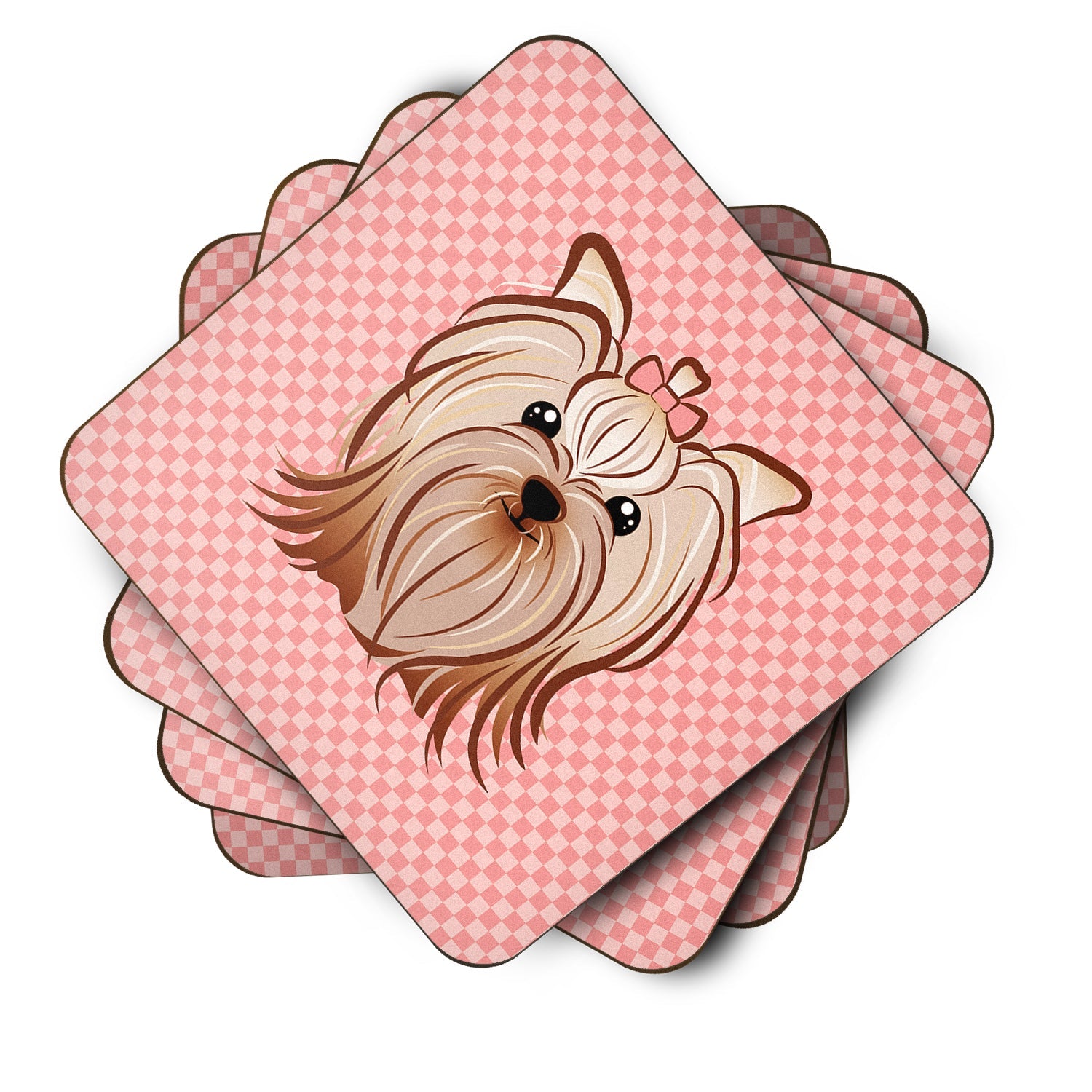 Checkerboard Pink Yorkie Yorkishire Terrier Foam Coasters Set of 4 Cup Coasters for Indoor Outdoor, Tabletop Protection, Anti Slip, Mouse pad Material