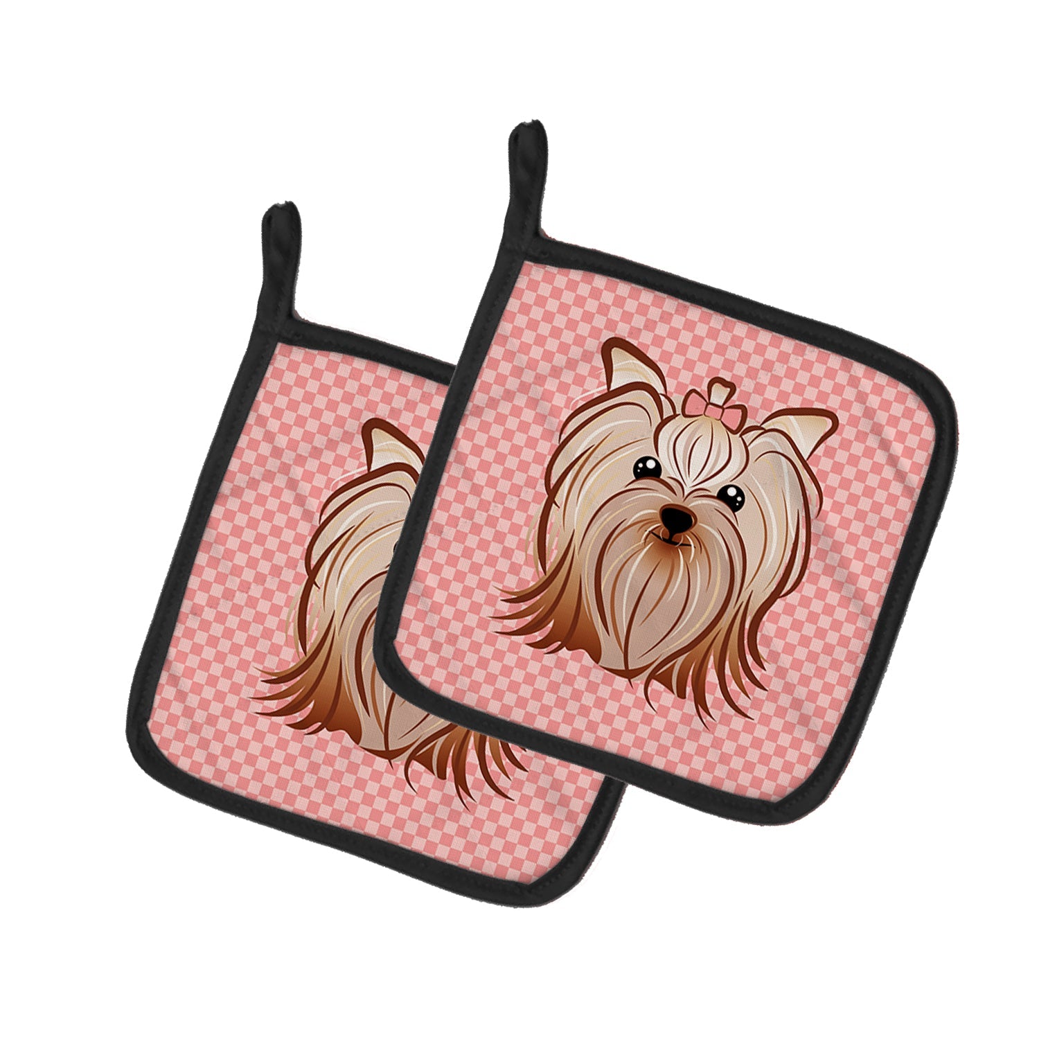 Checkerboard Pink Yorkie Yorkishire Terrier Pot Holder Set of 2 Heat Resistant Quilted Hot Pads 7.5 x 7.5 Inch, Insulated Kitchen Trivets for Cooking & Baking
