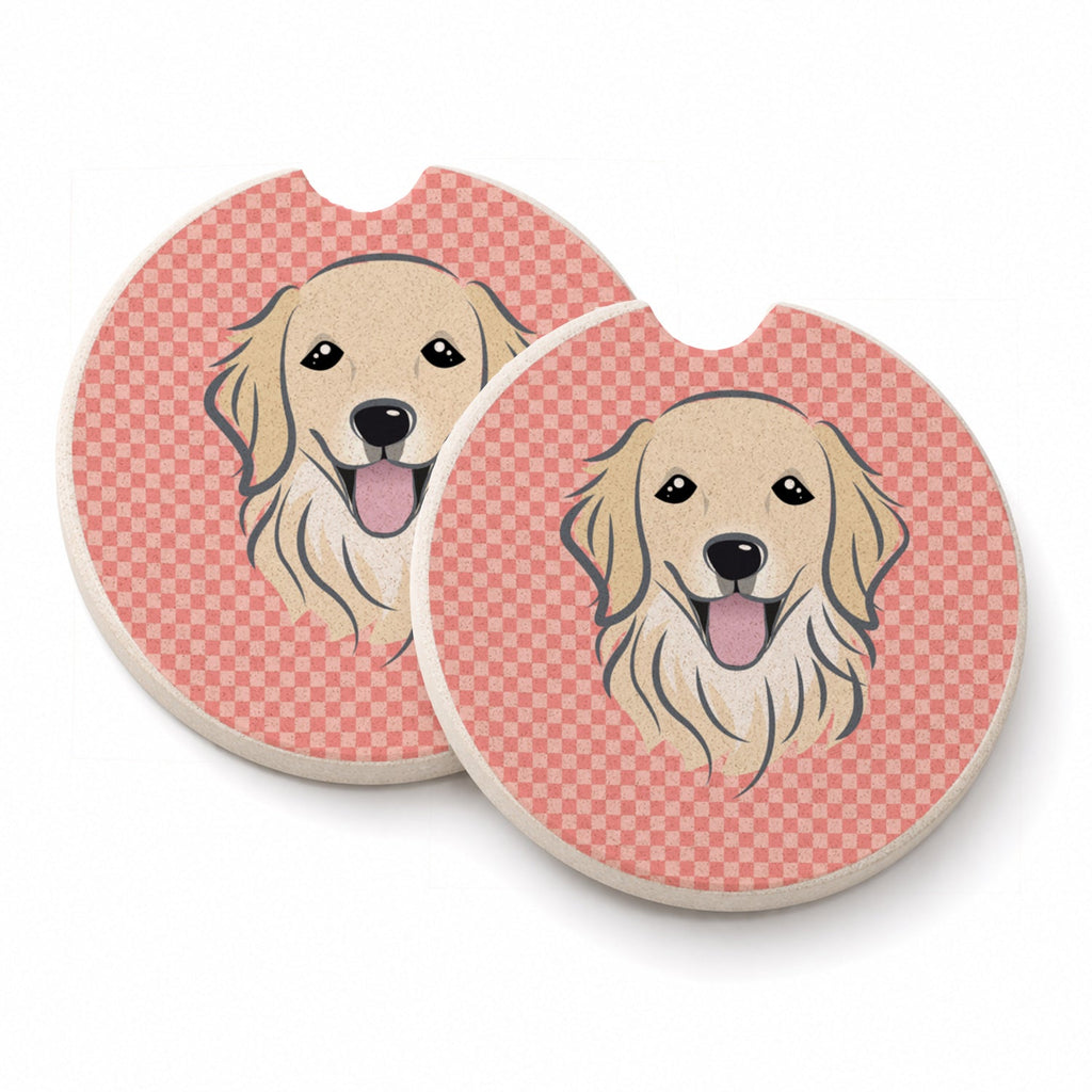 Checkerboard Pink Golden Retriever Set of 2 Cup Holder Car Coasters Absorbent Round Sandstone Coasters Gifts for Men or Women, 2.5, Multicolor