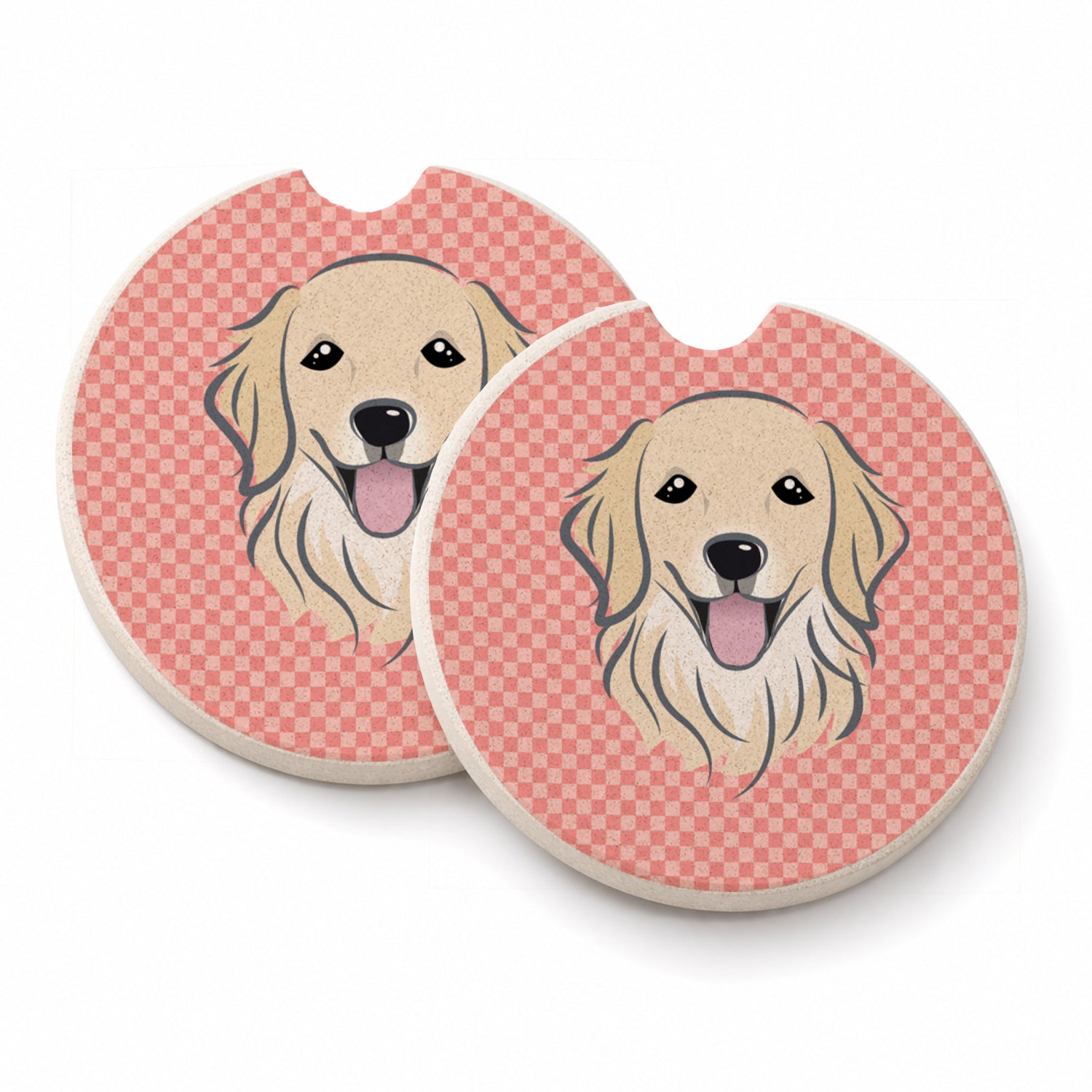 Checkerboard Pink Golden Retriever Set of 2 Cup Holder Car Coasters Absorbent Round Sandstone Coasters Gifts for Men or Women, 2.5, Multicolor