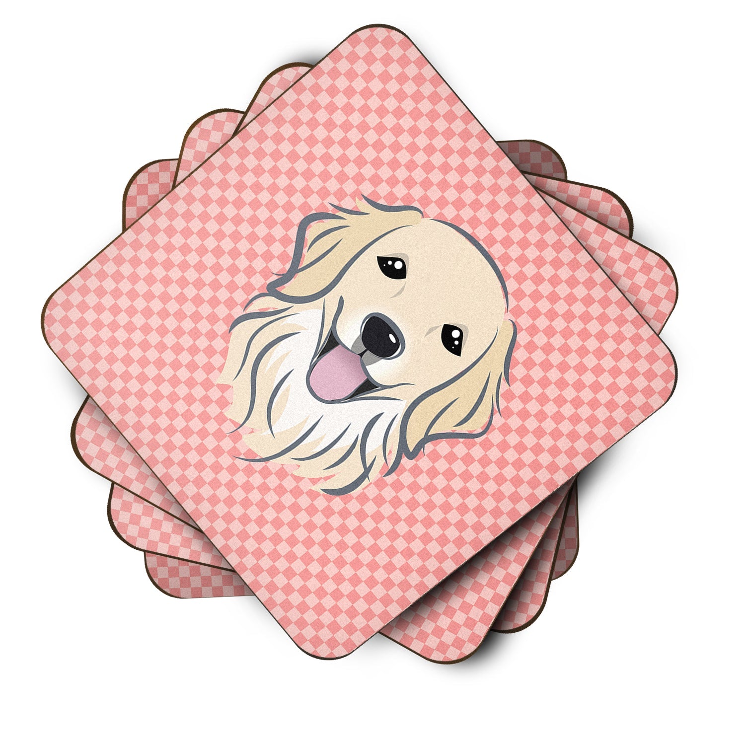 Checkerboard Pink Golden Retriever Foam Coasters Set of 4 Cup Coasters for Indoor Outdoor, Tabletop Protection, Anti Slip, Mouse pad Material