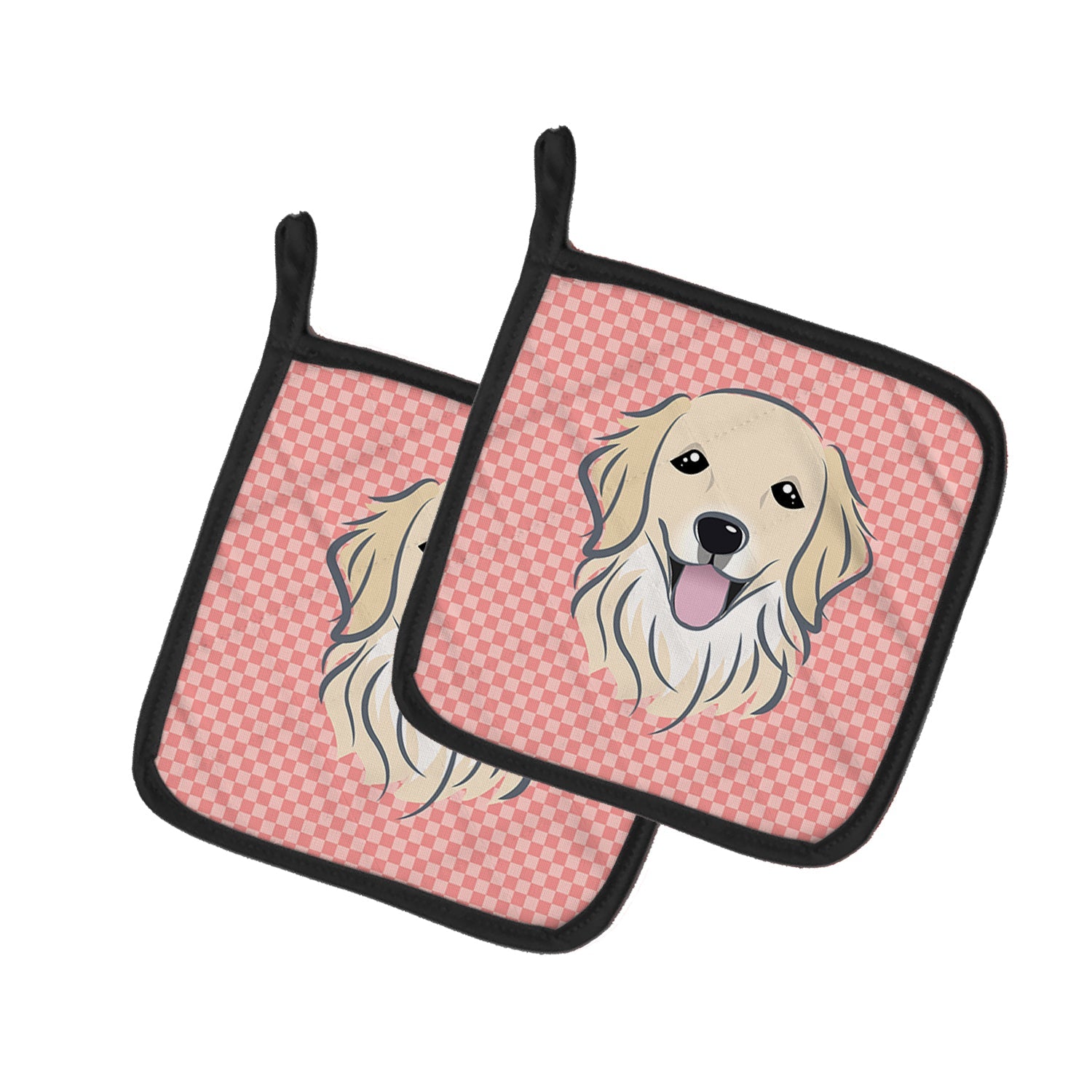 Checkerboard Pink Golden Retriever Pot Holder Set of 2 Heat Resistant Quilted Hot Pads 7.5 x 7.5 Inch, Insulated Kitchen Trivets for Cooking & Baking