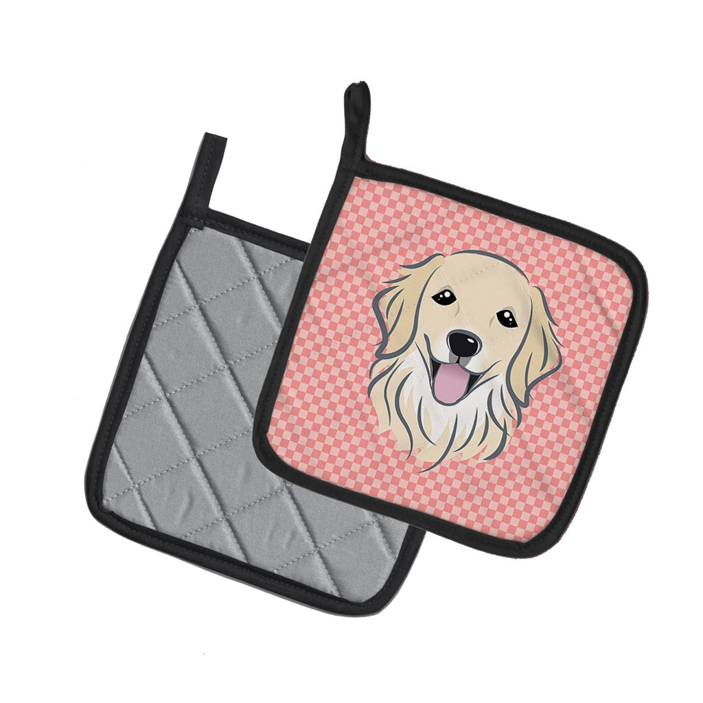 Checkerboard Pink Golden Retriever Pot Holder Set of 2 Heat Resistant Quilted Hot Pads 7.5 x 7.5 Inch, Insulated Kitchen Trivets for Cooking & Baking