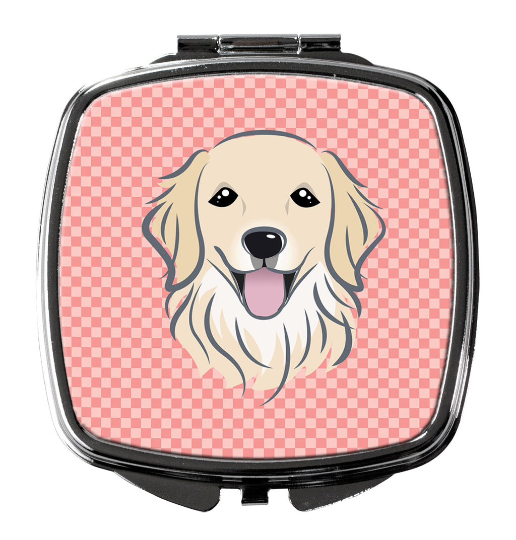 Checkerboard Pink Golden Retriever Compact Mirror Decorative Travel Makeup Mirror for Women Girls Gifts Pocket Makeup Mirror Folding Handheld