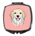 Checkerboard Pink Golden Retriever Compact Mirror Decorative Travel Makeup Mirror for Women Girls Gifts Pocket Makeup Mirror Folding Handheld