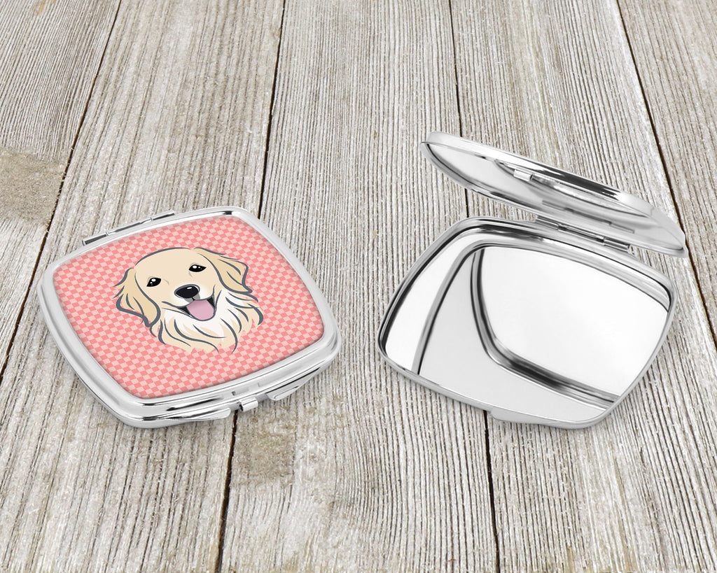 Checkerboard Pink Golden Retriever Compact Mirror Decorative Travel Makeup Mirror for Women Girls Gifts Pocket Makeup Mirror Folding Handheld
