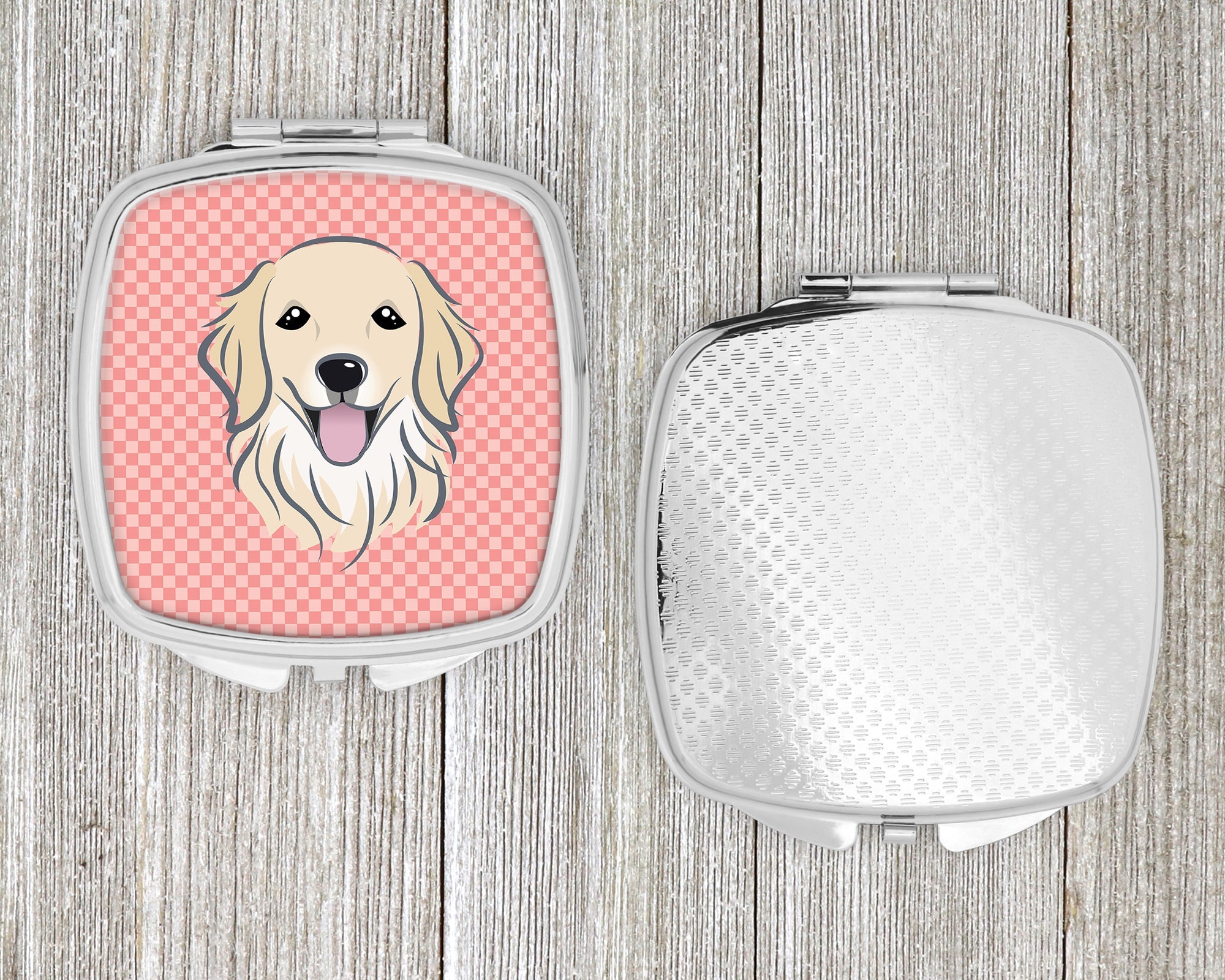 Checkerboard Pink Golden Retriever Compact Mirror Decorative Travel Makeup Mirror for Women Girls Gifts Pocket Makeup Mirror Folding Handheld