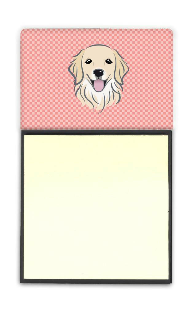 Checkerboard Pink Golden Retriever Watercolor Sticky Note Holder Refillable Dispenser Desk Accessory 3x3 Pad Gift