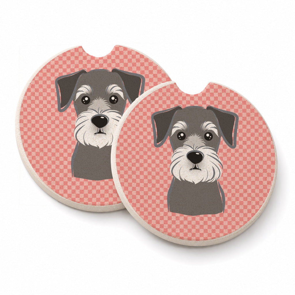 Checkerboard Pink Schnauzer Set of 2 Cup Holder Car Coasters Absorbent Round Sandstone Coasters Gifts for Men or Women, 2.5, Multicolor