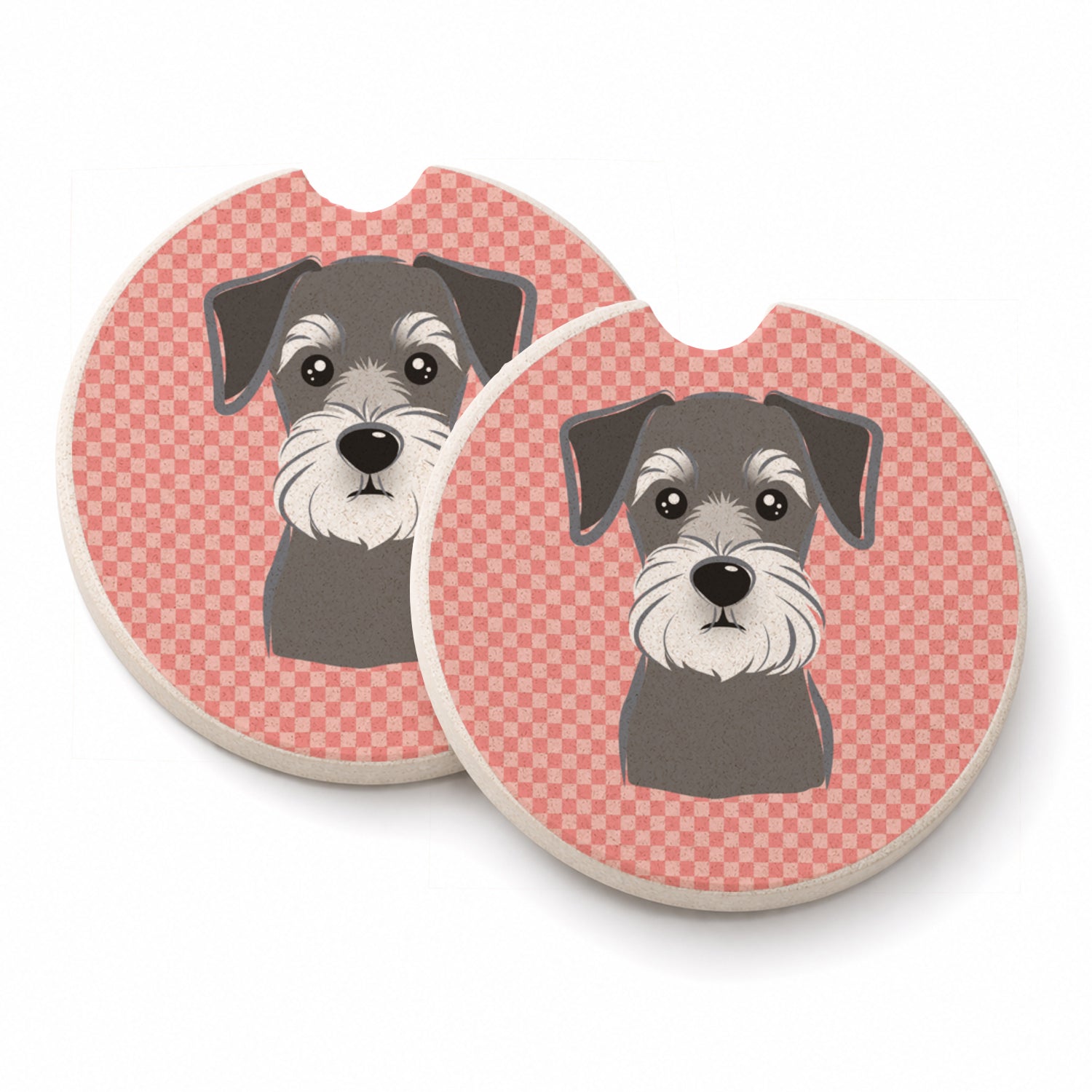 Checkerboard Pink Schnauzer Set of 2 Cup Holder Car Coasters Absorbent Round Sandstone Coasters Gifts for Men or Women, 2.5, Multicolor