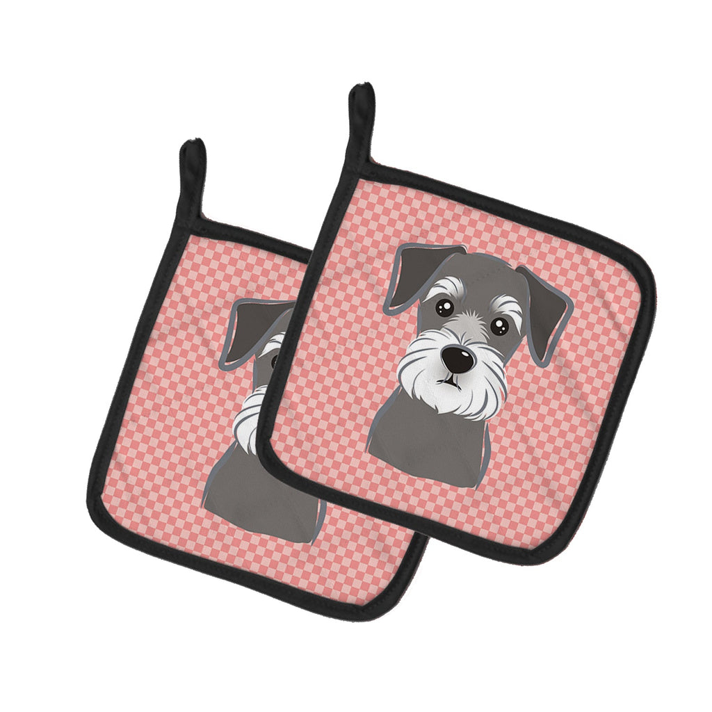 Checkerboard Pink Schnauzer Pot Holder Set of 2 Heat Resistant Quilted Hot Pads 7.5 x 7.5 Inch, Insulated Kitchen Trivets for Cooking & Baking
