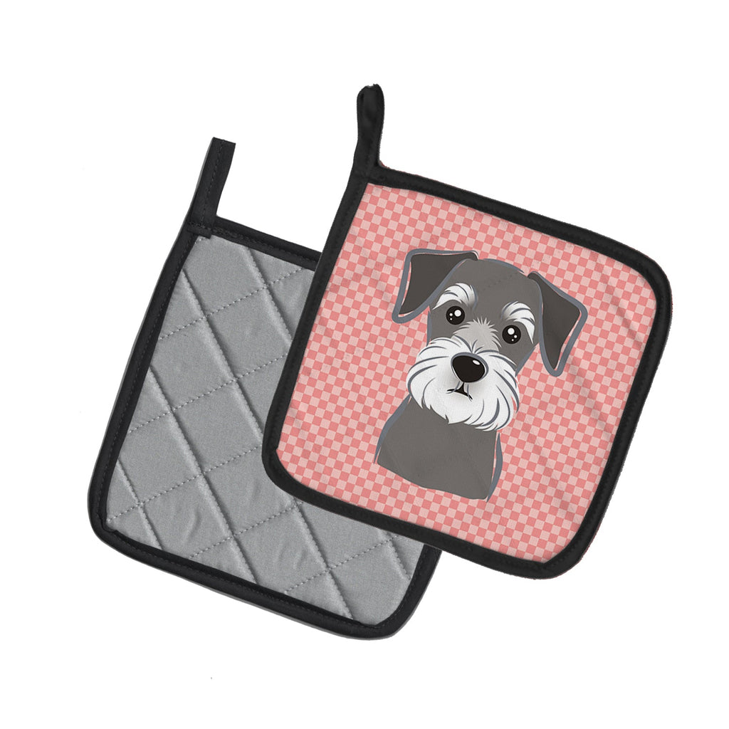 Checkerboard Pink Schnauzer Pot Holder Set of 2 Heat Resistant Quilted Hot Pads 7.5 x 7.5 Inch, Insulated Kitchen Trivets for Cooking & Baking