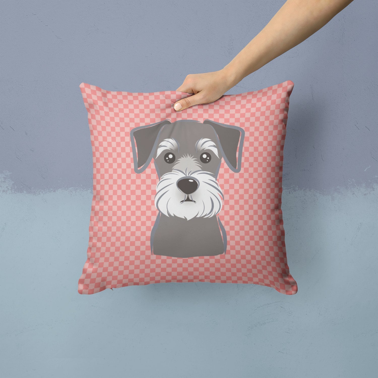 Checkerboard Pink Schnauzer Decorative Throw Pillow 14x14 Indoor Outdoor Accent Cushion, Fabric Cover with Insert for Sofa, Bed, Porch & Living Room
