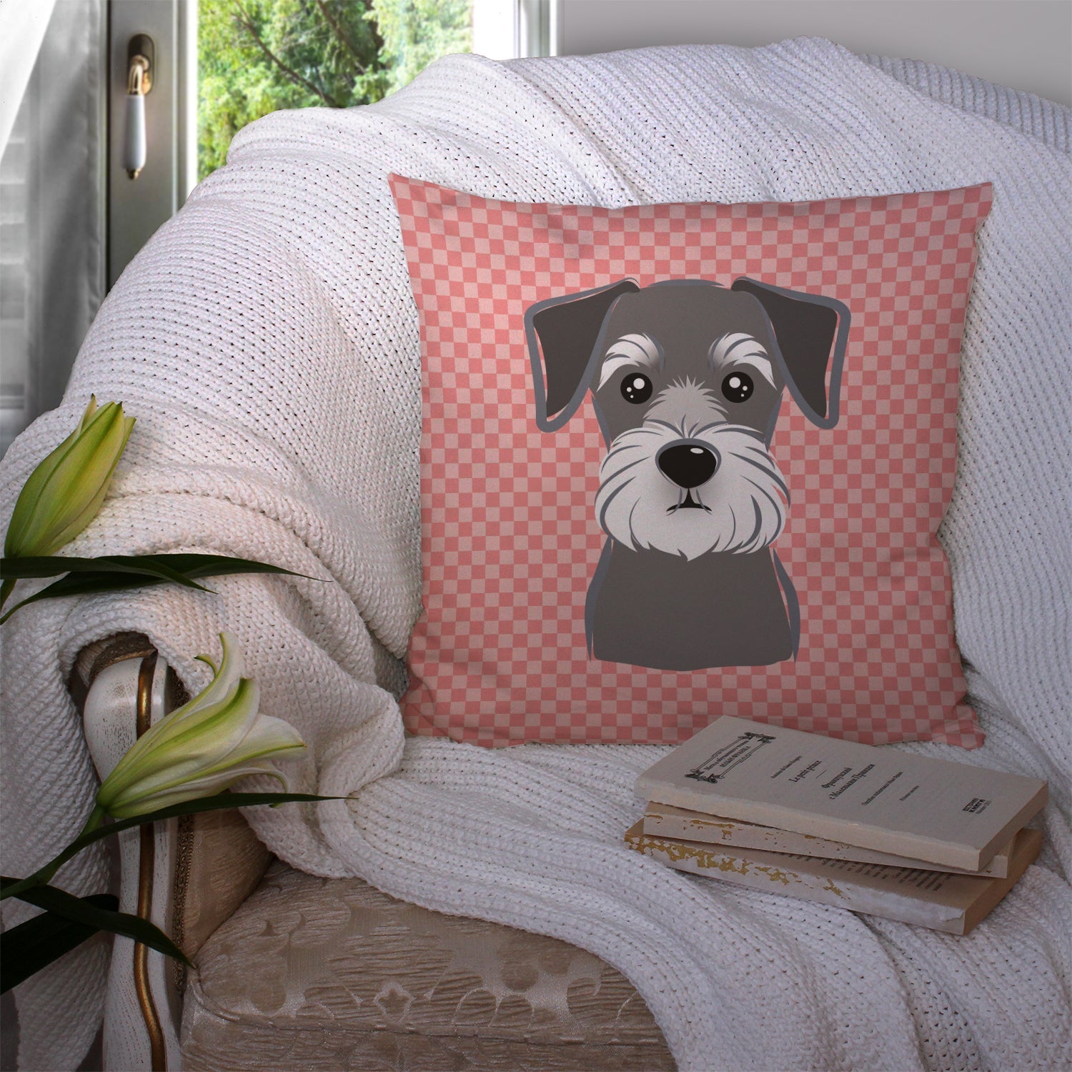 Checkerboard Pink Schnauzer Decorative Throw Pillow 14x14 Indoor Outdoor Accent Cushion, Fabric Cover with Insert for Sofa, Bed, Porch & Living Room