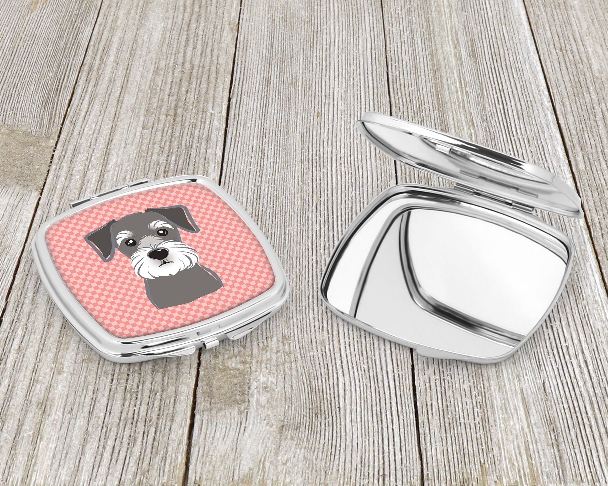 Checkerboard Pink Schnauzer Compact Mirror Decorative Travel Makeup Mirror for Women Girls Gifts Pocket Makeup Mirror Folding Handheld