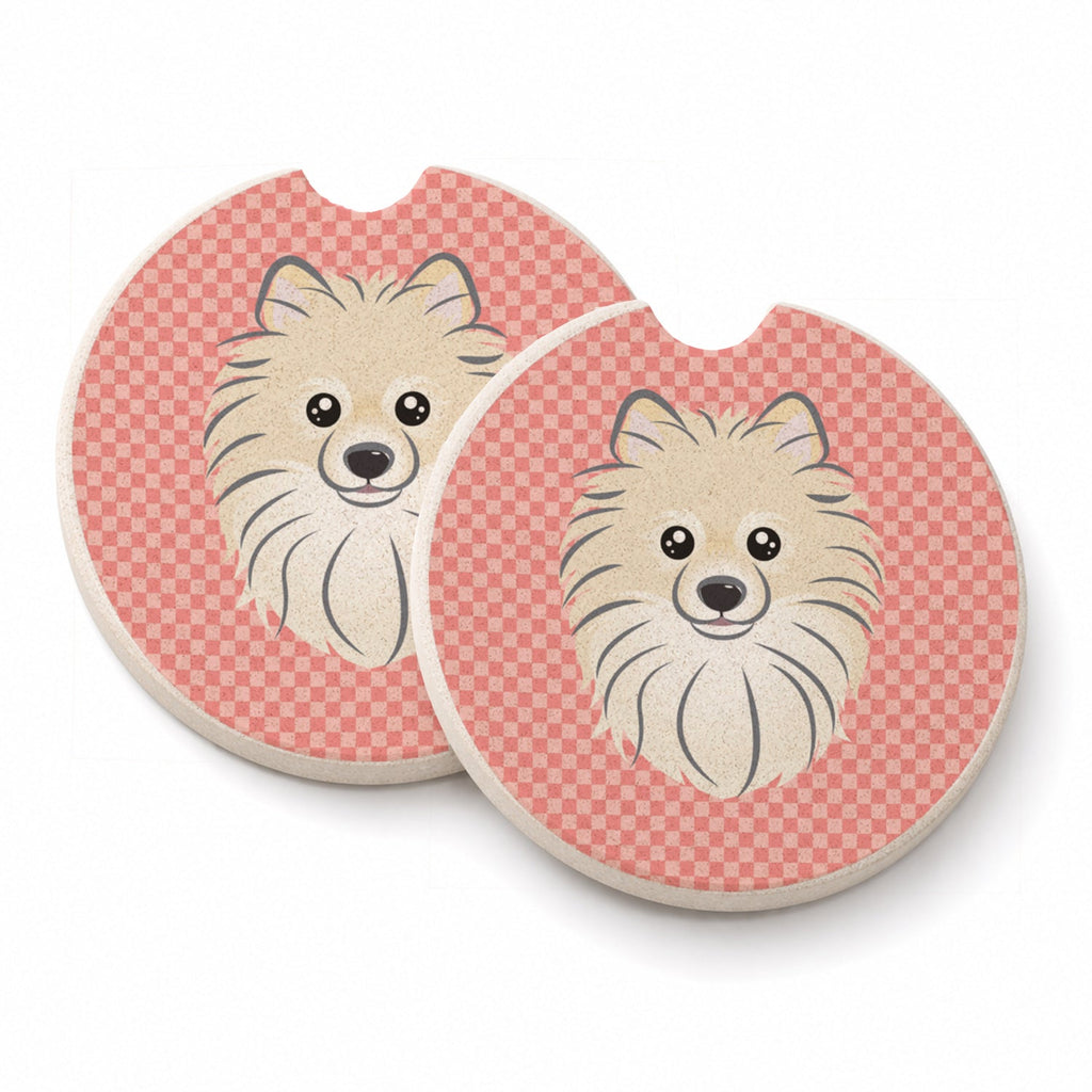 Checkerboard Pink Pomeranian Set of 2 Cup Holder Car Coasters Absorbent Round Sandstone Coasters Gifts for Men or Women, 2.5, Multicolor
