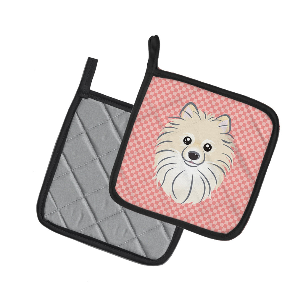 Checkerboard Pink Pomeranian Pot Holder Set of 2 Heat Resistant Quilted Hot Pads 7.5 x 7.5 Inch, Insulated Kitchen Trivets for Cooking & Baking