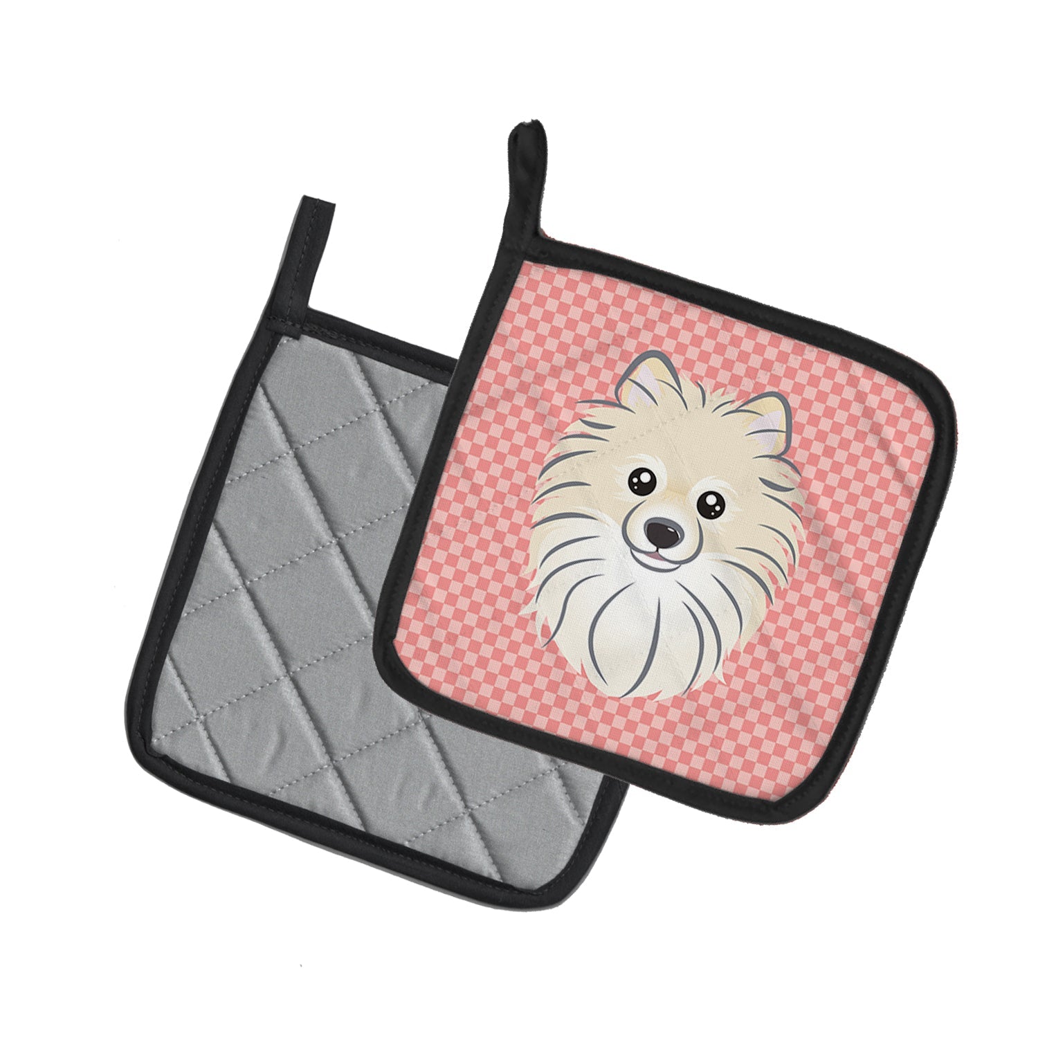 Checkerboard Pink Pomeranian Pot Holder Set of 2 Heat Resistant Quilted Hot Pads 7.5 x 7.5 Inch, Insulated Kitchen Trivets for Cooking & Baking