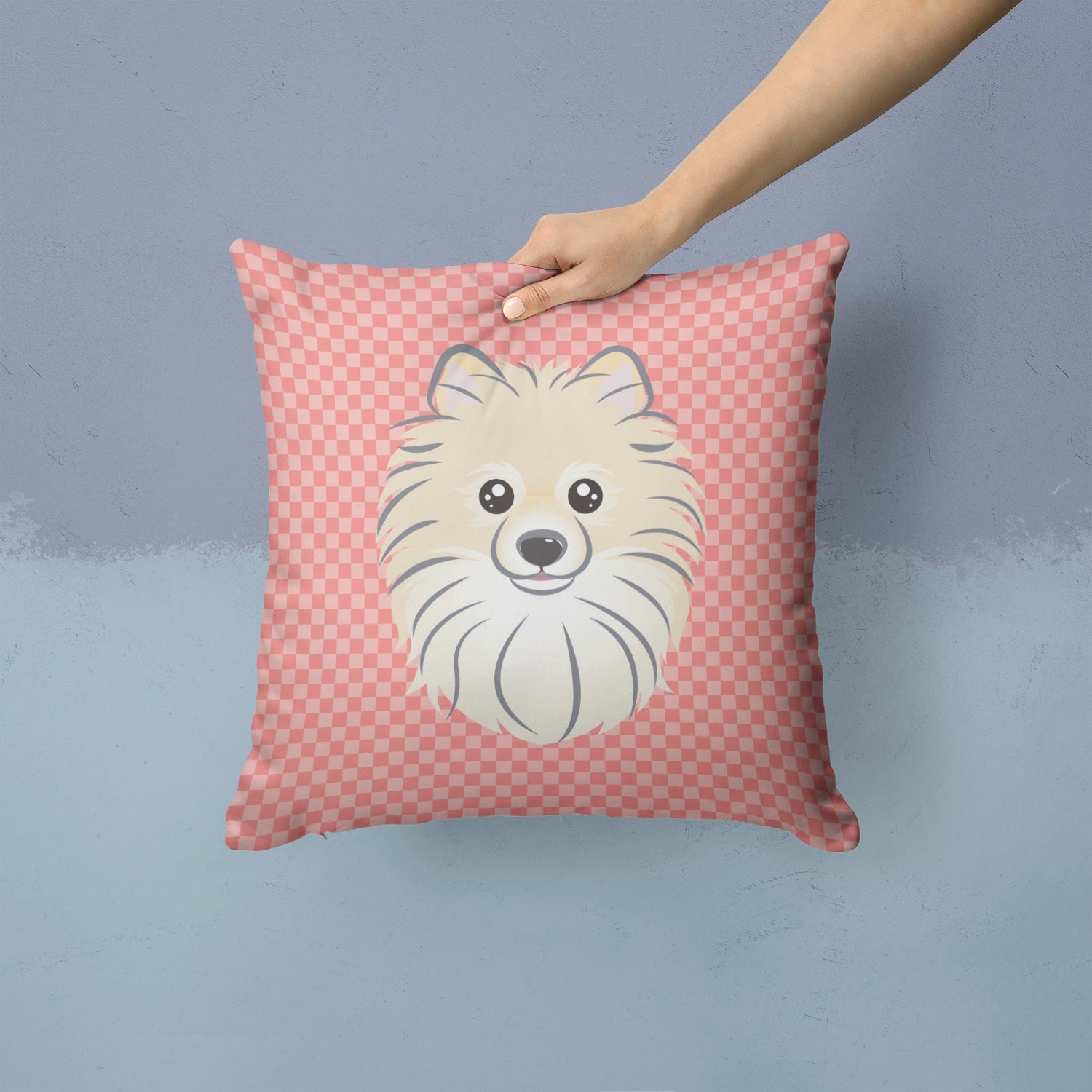 Checkerboard Pink Pomeranian Decorative Throw Pillow 14x14 Indoor Outdoor Accent Cushion, Fabric Cover with Insert for Sofa, Bed, Porch & Living Room