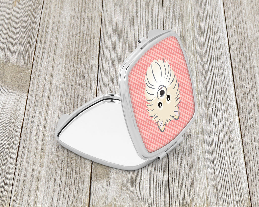 Checkerboard Pink Pomeranian Compact Mirror Decorative Travel Makeup Mirror for Women Girls Gifts Pocket Makeup Mirror Folding Handheld