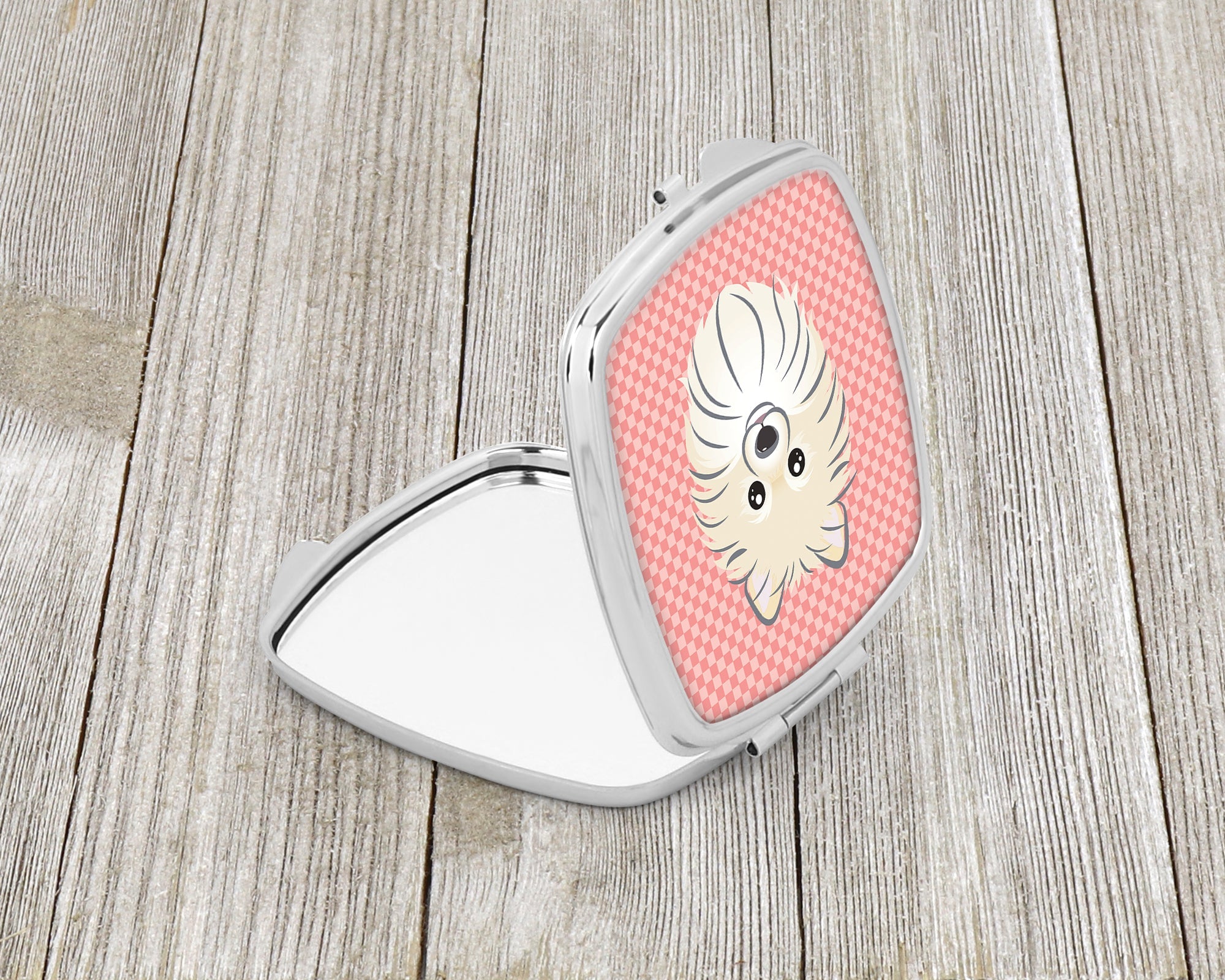 Checkerboard Pink Pomeranian Compact Mirror Decorative Travel Makeup Mirror for Women Girls Gifts Pocket Makeup Mirror Folding Handheld