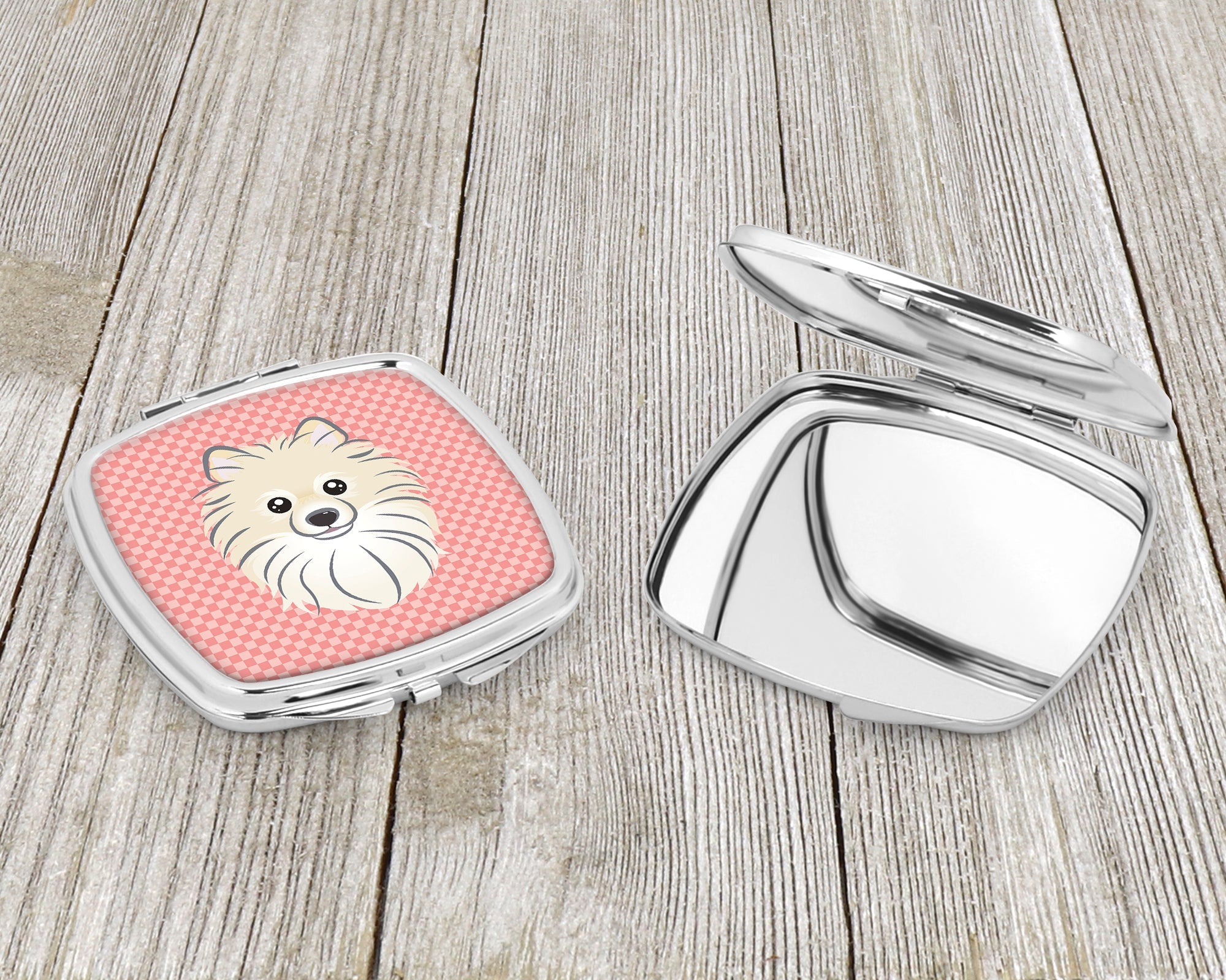 Checkerboard Pink Pomeranian Compact Mirror Decorative Travel Makeup Mirror for Women Girls Gifts Pocket Makeup Mirror Folding Handheld
