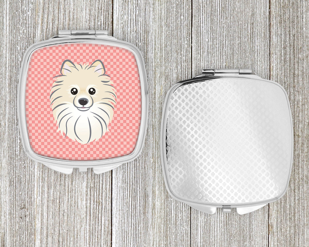 Checkerboard Pink Pomeranian Compact Mirror Decorative Travel Makeup Mirror for Women Girls Gifts Pocket Makeup Mirror Folding Handheld