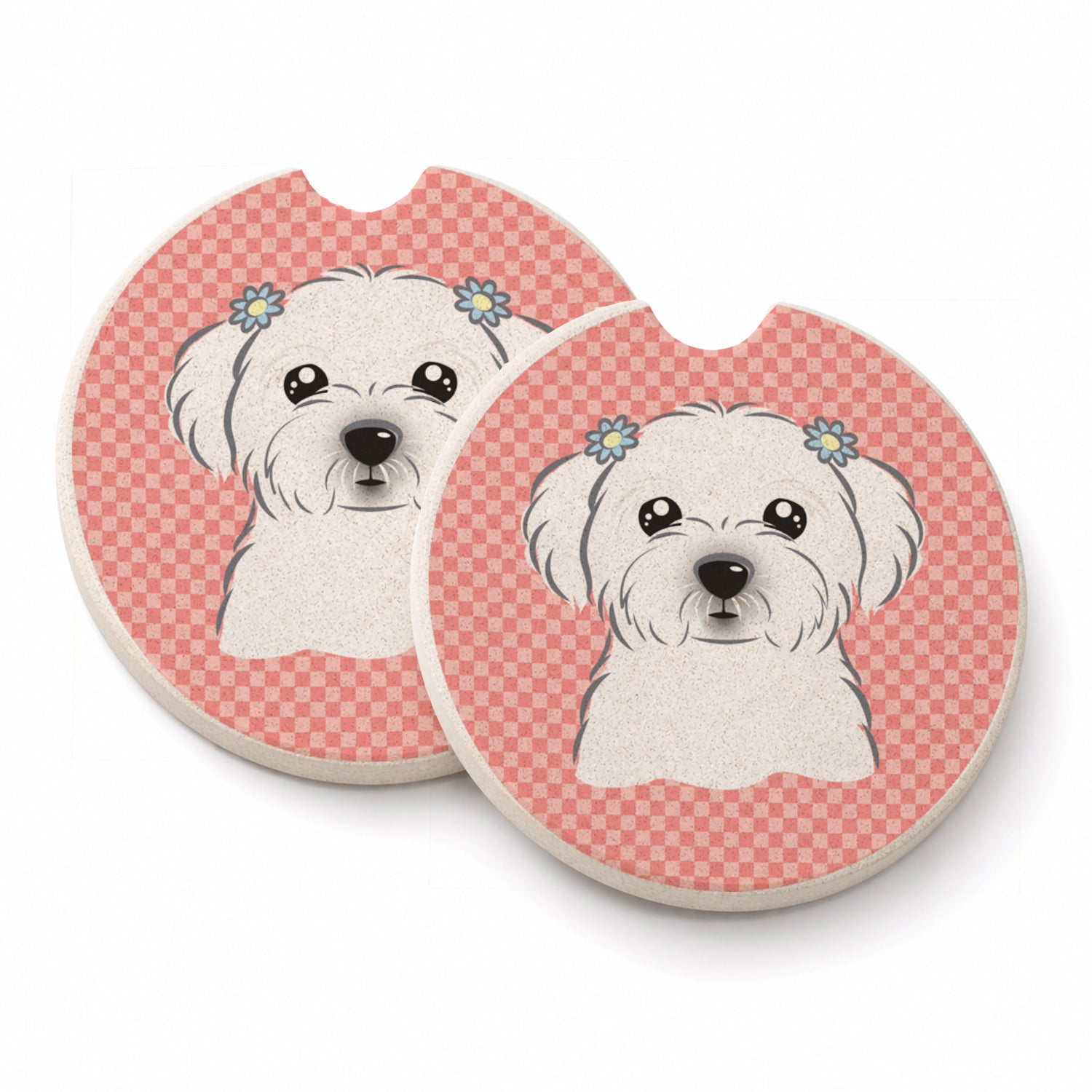 Checkerboard Pink Maltese Set of 2 Cup Holder Car Coasters Absorbent Round Sandstone Coasters Gifts for Men or Women, 2.5, Multicolor