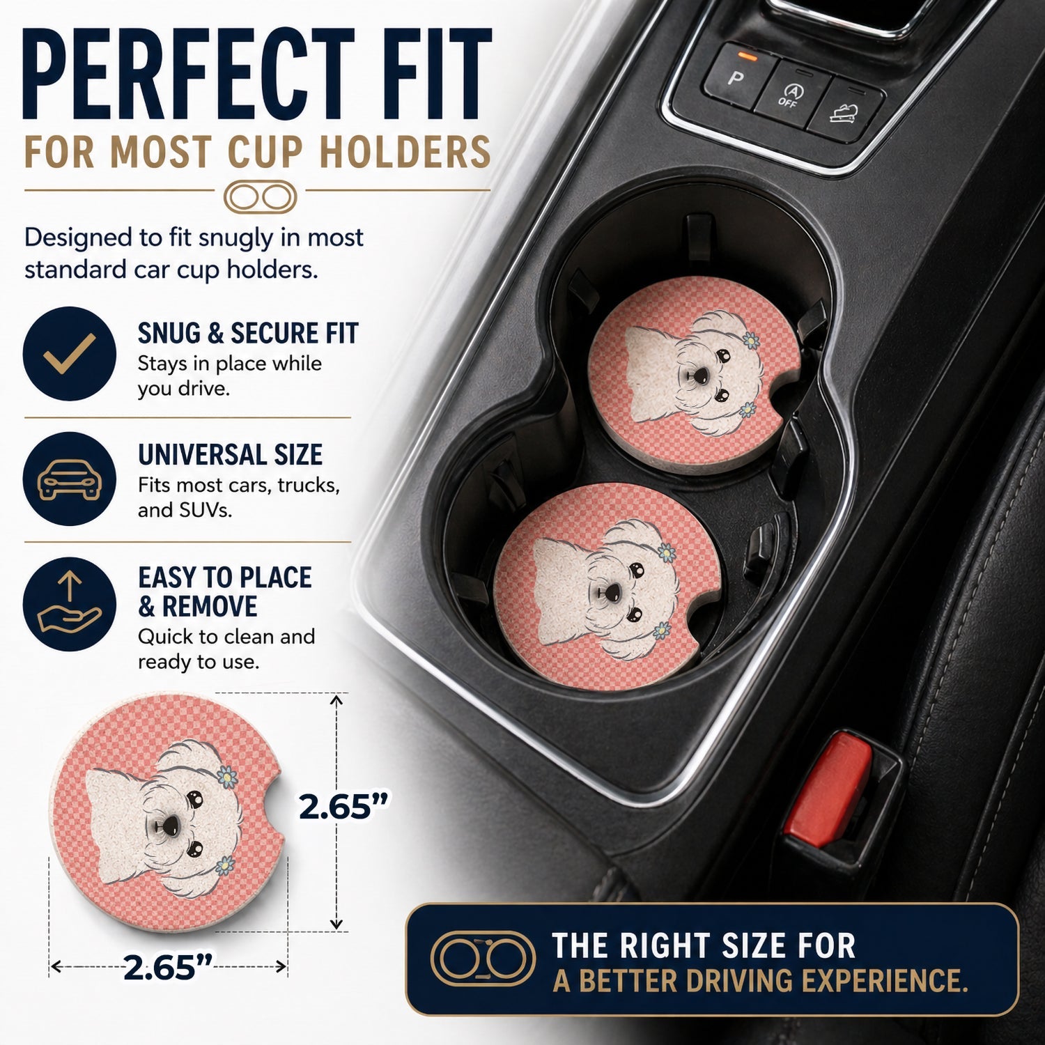 Checkerboard Pink Maltese Set of 2 Cup Holder Car Coasters Absorbent Round Sandstone Coasters Gifts for Men or Women, 2.5, Multicolor