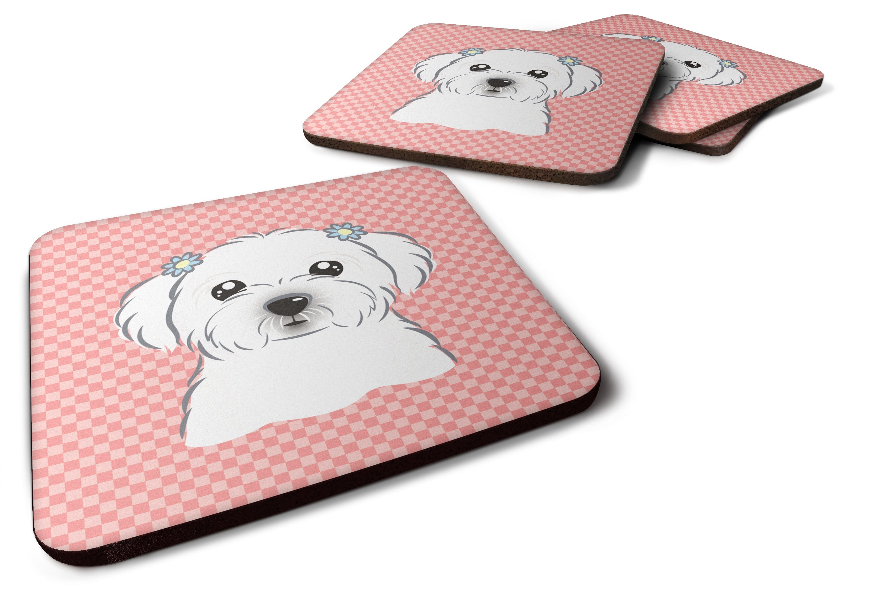 Checkerboard Pink Maltese Foam Coasters Set of 4 Cup Coasters for Indoor Outdoor, Tabletop Protection, Anti Slip, Mouse pad Material