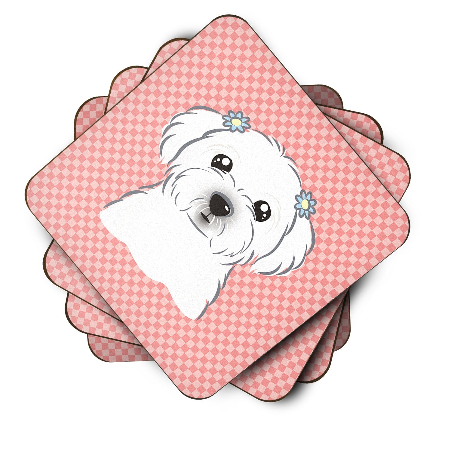 Checkerboard Pink Maltese Foam Coasters Set of 4 Cup Coasters for Indoor Outdoor, Tabletop Protection, Anti Slip, Mouse pad Material
