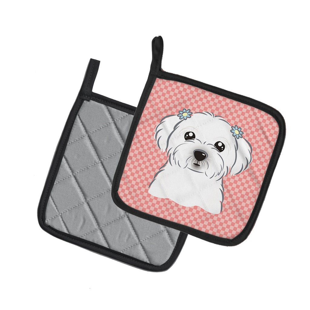 Checkerboard Pink Maltese Pot Holder Set of 2 Heat Resistant Quilted Hot Pads 7.5 x 7.5 Inch, Insulated Kitchen Trivets for Cooking & Baking