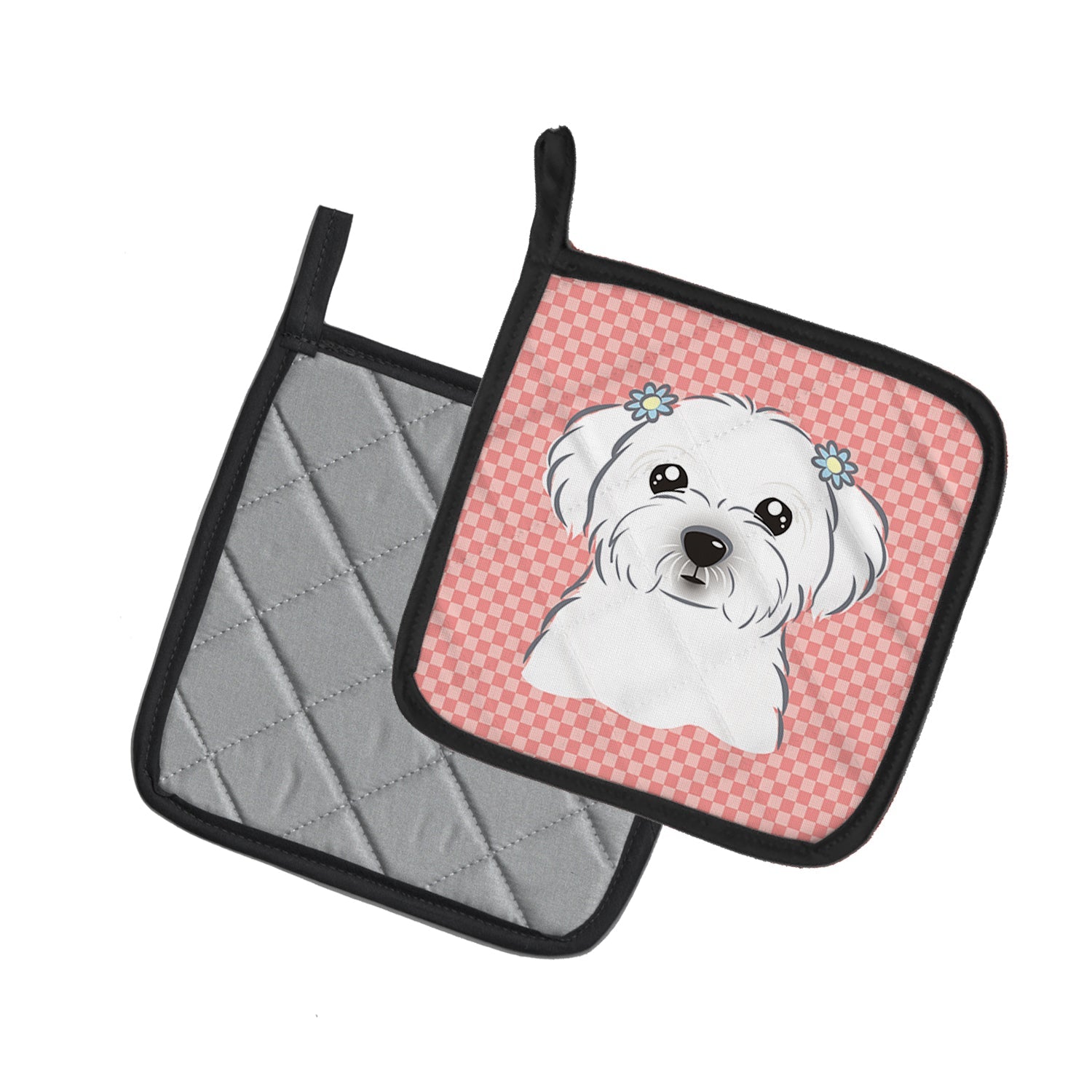 Checkerboard Pink Maltese Pot Holder Set of 2 Heat Resistant Quilted Hot Pads 7.5 x 7.5 Inch, Insulated Kitchen Trivets for Cooking & Baking