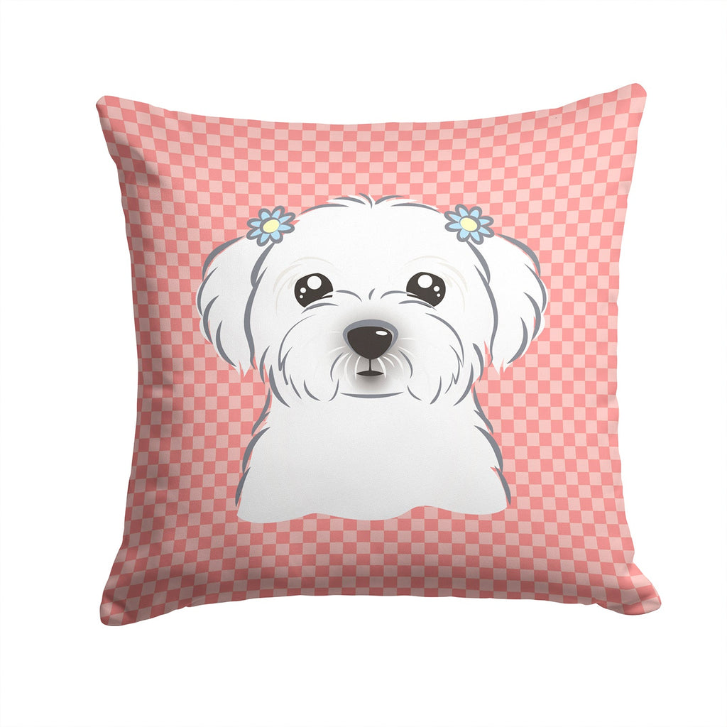 Checkerboard Pink Maltese Decorative Throw Pillow 14x14 Indoor Outdoor Accent Cushion, Fabric Cover with Insert for Sofa, Bed, Porch & Living Room