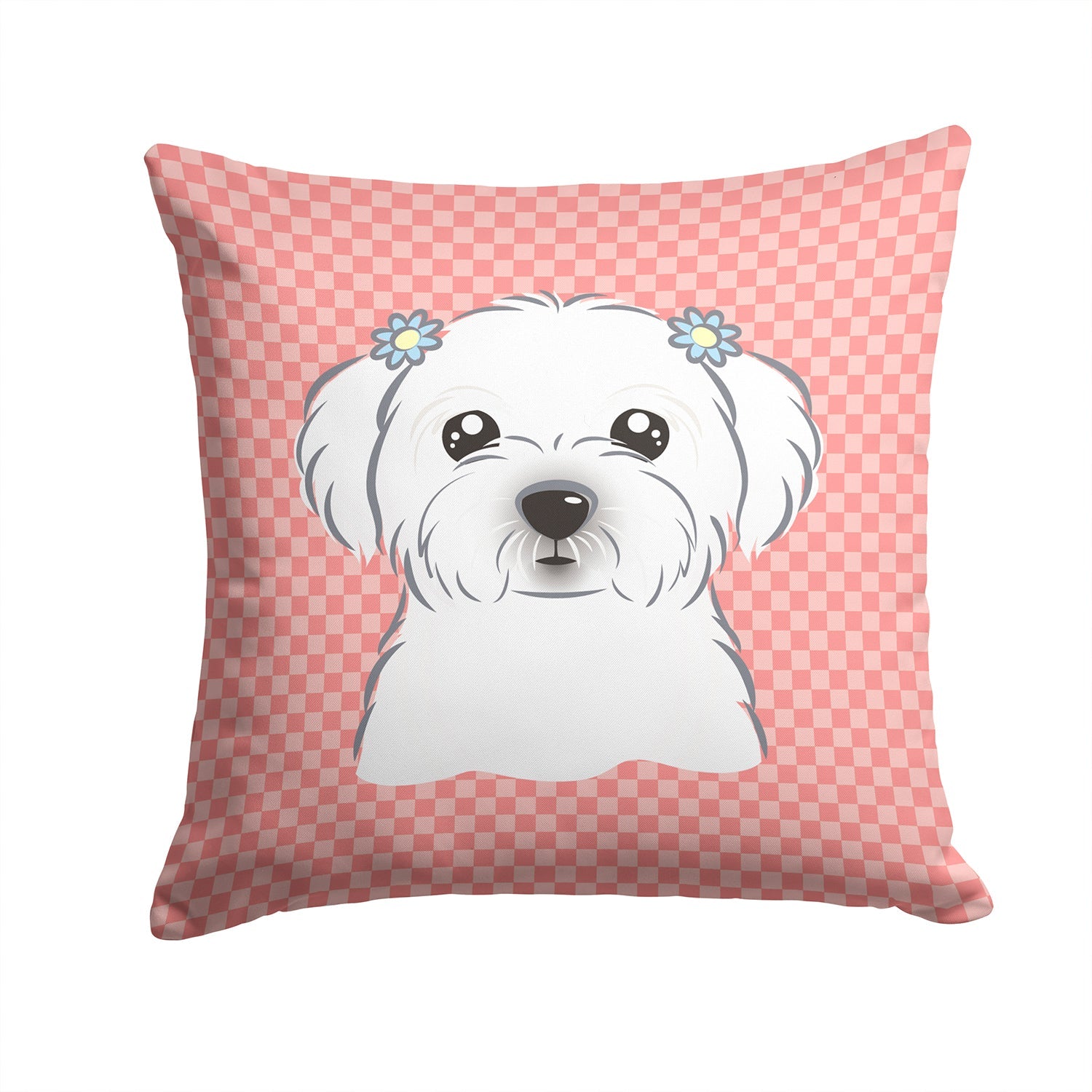 Checkerboard Pink Maltese Decorative Throw Pillow 14x14 Indoor Outdoor Accent Cushion, Fabric Cover with Insert for Sofa, Bed, Porch & Living Room