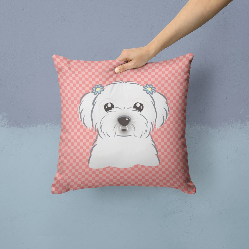 Checkerboard Pink Maltese Decorative Throw Pillow 14x14 Indoor Outdoor Accent Cushion, Fabric Cover with Insert for Sofa, Bed, Porch & Living Room